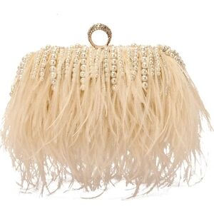 Chic Feathered Cream Clutch with Pearl Accents